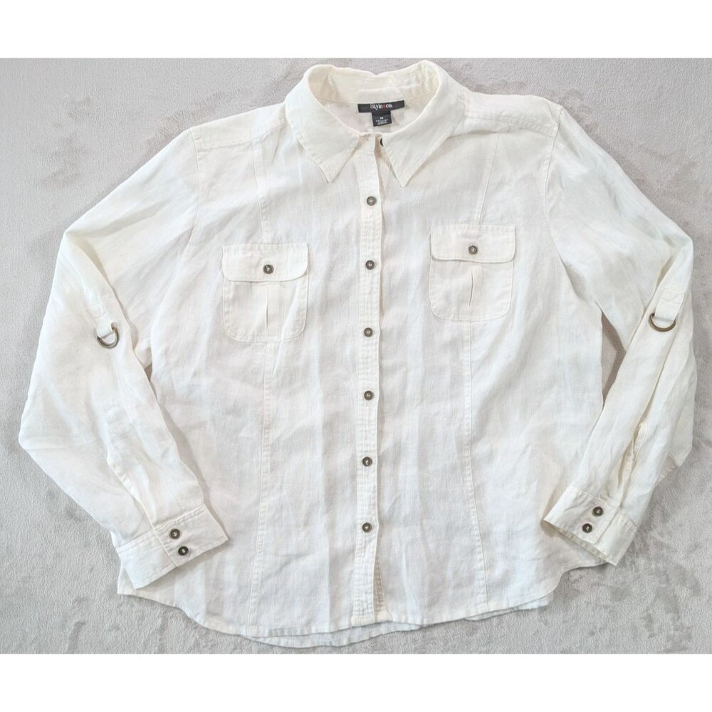 Style&Co Linen Shirt Women Size 18 Cottagecore Coastal Roll Tab Sleeve